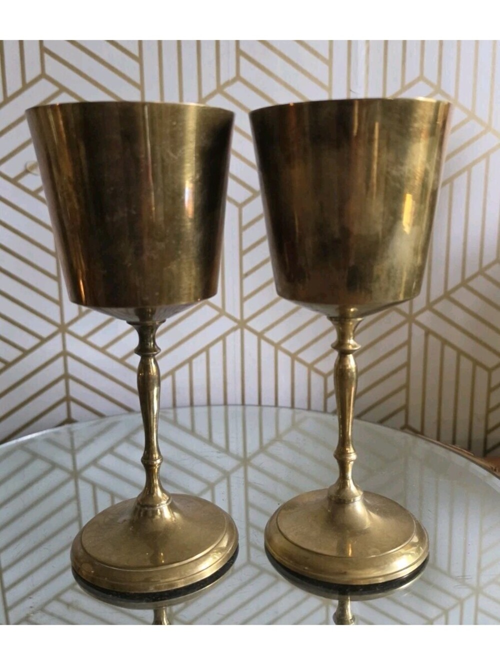 Vintage Gold Brass Water Wine Goblets Pair 7.25"